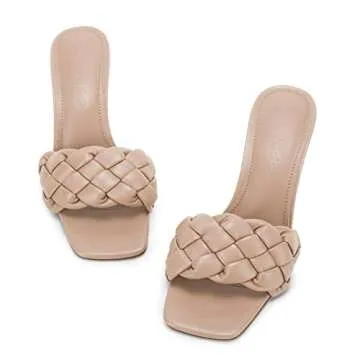 LAICIGO Women's Square Open Toe Woven Mule Heeled Sandals Braided Stiletto Slip On High Heel Quilted Leather Slides