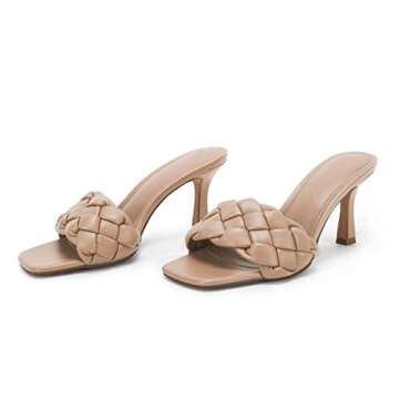 LAICIGO Women's Square Open Toe Woven Mule Heeled Sandals Braided Stiletto Slip On High Heel Quilted Leather Slides