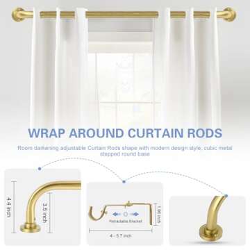 2 Pack Gold Wrap Around Curtain Rods,Gold Curtain Rods for windows 48 to 84 inch(4-7Ft),Adjustable Blackout Curtain Rod,1"Diameter Room Darkening Drapery Rods,Window Curtains Rod 48-90",Brushed Gold