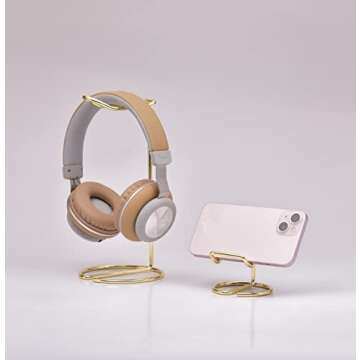 JIARI Headphones Stand and Cell Phone Stand Desktop Metal Holder Accessories 2pcs Set (Gold)