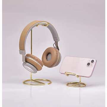JIARI Headphones Stand and Cell Phone Stand Desktop Metal Holder Accessories 2pcs Set (Gold)