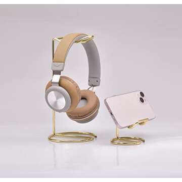 JIARI Headphones Stand and Cell Phone Stand Desktop Metal Holder Accessories 2pcs Set (Gold)