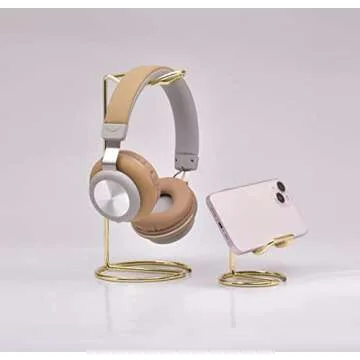 JIARI Headphones Stand and Cell Phone Stand Desktop Metal Holder Accessories 2pcs Set (Gold)