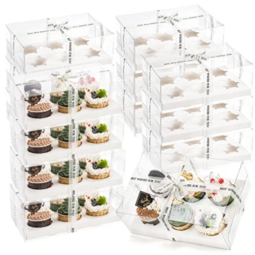 Cedilis 15 Pack Clear Cupcake Boxes, 6 Count Cupcake Containers with Gift Ribbon, Plastic Cupcake Ca...