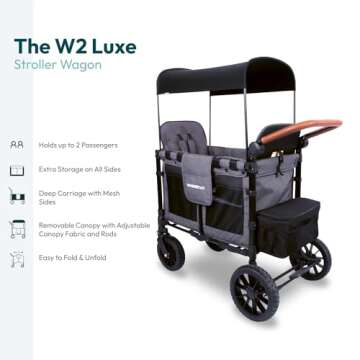 WONDERFOLD W2 Luxe Stroller Wagon (2 Seater) - Collapsible Wagon Stroller with Seats with Magnetic Buckle 5-Point Harnesses and Adjustable Sun Canopy, Charcoal Gray