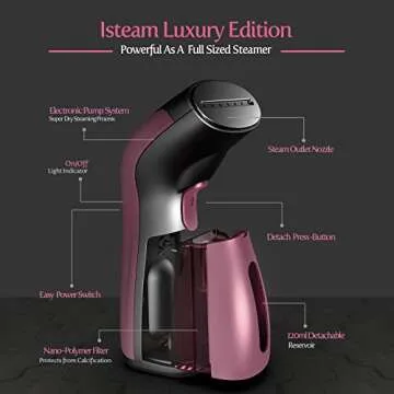 iSteam Steamer for Clothes Wrinkle Remover Luxury Edition: Revolutionary Portable Mini Ironing Machine, Comfort Hand Held Steamer & Ultimative portable humidifiers for travel (Pink)