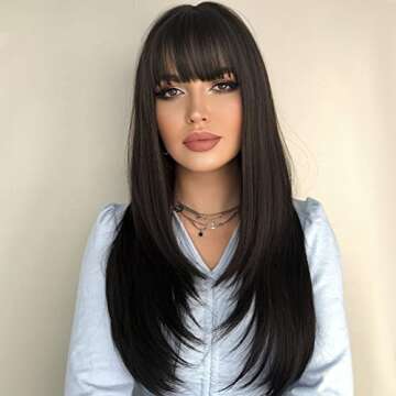 7JHH WIGS Hair Dye Wig for Women Synthetic Hair Natural Long Straight Wig With Bangs (22inch, Black ...