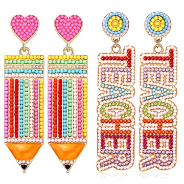 Vibrant Beaded Pencil Earrings Set - Perfect Teacher Gifts, Back To School Jewelry! 2/3Pairs