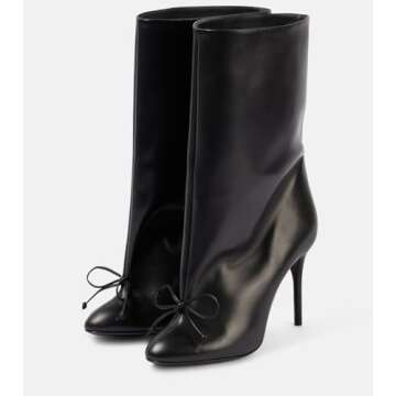 XEYANFYS Women‘s Black Knee High Boots Round Toe 3.54" High Heel Riding Boots Stiletto Boots Bow Details Wide Calf Boots Leather Boots Mid Calf Booties for Women