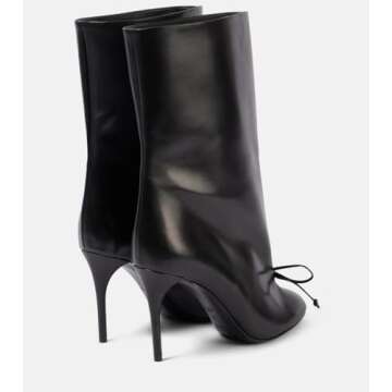 XEYANFYS Women‘s Black Knee High Boots Round Toe 3.54" High Heel Riding Boots Stiletto Boots Bow Details Wide Calf Boots Leather Boots Mid Calf Booties for Women