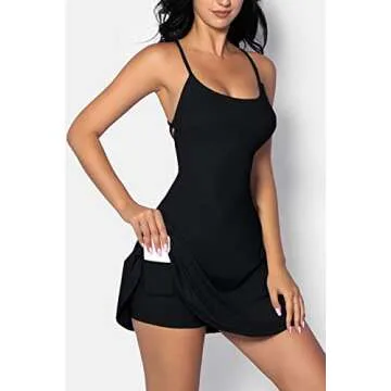 QINSEN Womens Tennis Dress with Inner Shorts Workout Open Back Active Golf Dresses Black M