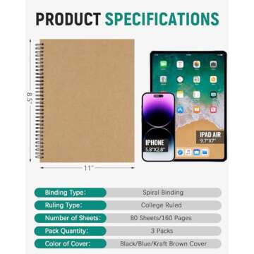 Dynta 3Packs Large Spiral Notebooks 8.5 "x 11" Lined College Ruled Journals for Work, School, Good f...