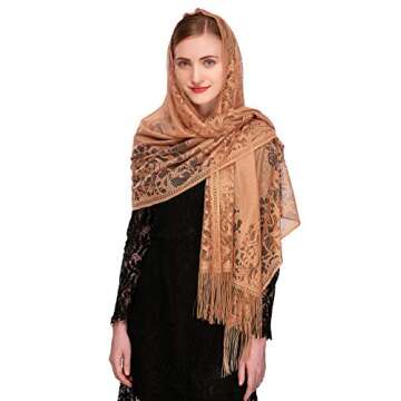 PAMOR Chapel Veil Scarf Mantilla Veils Rectangular Wrap Shawl Mass Head Covering with Fringe Trim (B...
