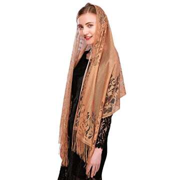 PAMOR Chapel Veil Scarf Mantilla Veils Rectangular Wrap Shawl Mass Head Covering with Fringe Trim (Brown)