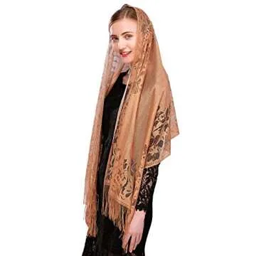 PAMOR Chapel Veil Scarf Mantilla Veils Rectangular Wrap Shawl Mass Head Covering with Fringe Trim (Brown)