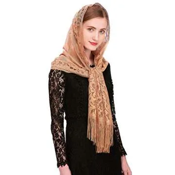 PAMOR Chapel Veil Scarf Mantilla Veils Rectangular Wrap Shawl Mass Head Covering with Fringe Trim (Brown)