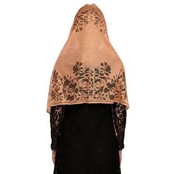 PAMOR Chapel Veil Scarf Mantilla Veils Rectangular Wrap Shawl Mass Head Covering with Fringe Trim (Brown)