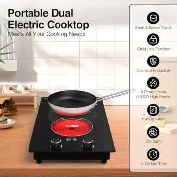 VBGK Electric Cooktop,3000W Built-in & Countertop Electric burner,Electric Stove Top with 9 Heating Level,Child Safety Lock, Timer, LED touch Knob Control,2 Burner Electric Cooktop（No Plug)