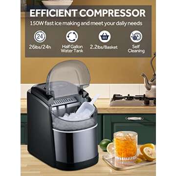Ice Maker Countertop Machine with Self-Cleaning Function，26LBS in 24 Hours, 9 Bullet Cubes Ready i...