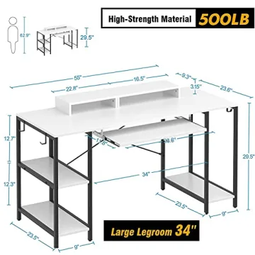 HYPIGO 55 Inch Computer Desk with Keyboard Tray and Hooks