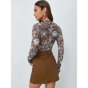 Dealmore Lace Long Sleeve Floral Mesh Mockneck Going Out Tops for Women Fashion Fall Outfits 2025 Floral Brown M