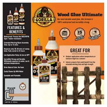 Gorilla Ultimate Waterproof Wood Glue; 18 Ounce; Natural Wood Color; (Pack of 1)