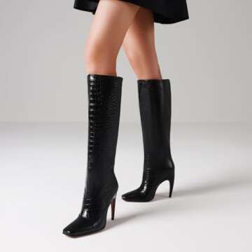 femflame Black Knee High Boots for Women Wide Calf Long Boots Square Toe Pull On Stiletto Heel Tall Boots