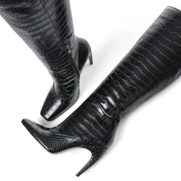 femflame Black Knee High Boots for Women Wide Calf Long Boots Square Toe Pull On Stiletto Heel Tall Boots