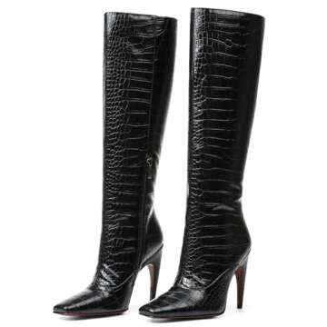 femflame Black Knee High Boots for Women Wide Calf Long Boots Square Toe Pull On Stiletto Heel Tall Boots