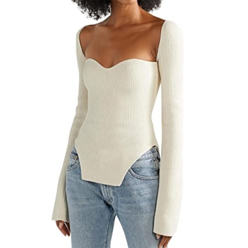 ACOSAP Women's Square Neck Ribbed Knitted Sweater Long Sleeve Crop Slim Fitted Basic Pullover Tops W...
