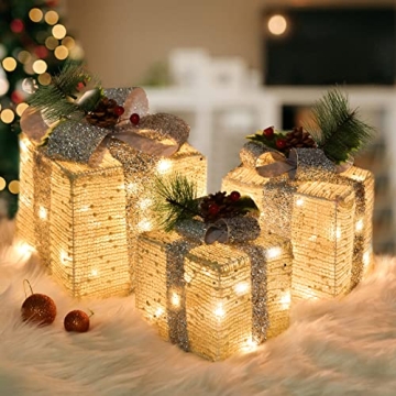 Set of 3 Christmas Lighted Gift Boxes Decorations, Pre-lit 60LED Warm Boxes with Warm White Lights, ...