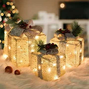 Set of 3 Christmas Lighted Gift Boxes Decorations, Pre-lit 60LED Warm Boxes with Warm White Lights, ...