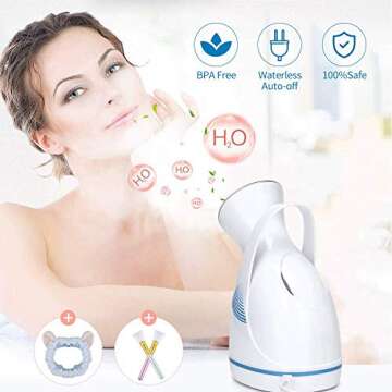 Facial Steamer,VillSure Nano Ionic Face Steamers for Facial, 100ml Portable Home Facial Humidifier Warm Mist Steam Face Machine Sauna SPA Face Steaming Skincare with Face Brushes and Hair Band