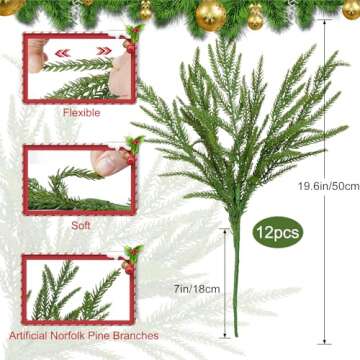 HUAESIN 12 PCS Real Touch Norfolk Pine Artificial Christmas Branches Faux Christmas Norfolk Pine Branches Fake Cedar Pine Picks for Vase DIY Crafts Xmas Indoor Outdoor Home Decor