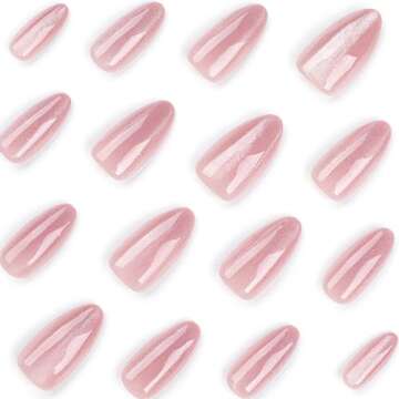 Almond Press on Nails Medium Fake Nails Pink False Nails with Design Glitter Glue on Nails Glossy Acrylic Nails Full Cover Stick on Nails Shiny Artificial Nails for Women Manicure 24Pcs