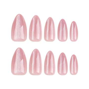 Almond Press on Nails Medium Fake Nails Pink False Nails with Design Glitter Glue on Nails Glossy Acrylic Nails Full Cover Stick on Nails Shiny Artificial Nails for Women Manicure 24Pcs