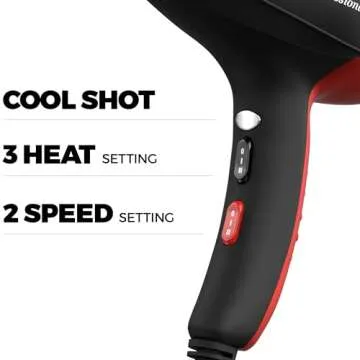 Professional Ionic Salon Hair Dryer, 2200 Watt Powerful AC Motor Ceramic Tourmaline Ion Blow Dryer, Quiet Hair Dryers with Diffuser & 2 Concentrator Nozzle Attachments Black/Red