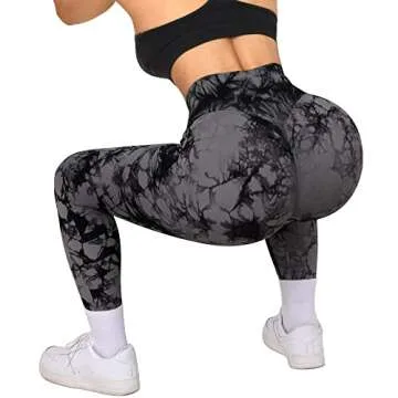 RXRXCOCO Women Seamless Crossover Leggings High Waisted Butt Lifting Workout Yoga Pants Medium Tie Dye Black
