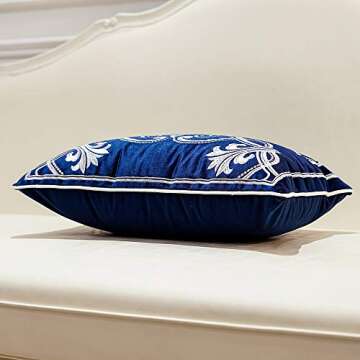 Avigers 12 x 20 Inch European Cushion Cover Luxury Velvet Home Decorative Embroidery Petunias Pillow Case Pillowcase for Sofa Chair Bedroom Living Room, Navy Blue