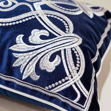 Avigers 12 x 20 Inch European Cushion Cover Luxury Velvet Home Decorative Embroidery Petunias Pillow Case Pillowcase for Sofa Chair Bedroom Living Room, Navy Blue