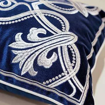 Avigers 12 x 20 Inch European Cushion Cover Luxury Velvet Home Decorative Embroidery Petunias Pillow Case Pillowcase for Sofa Chair Bedroom Living Room, Navy Blue