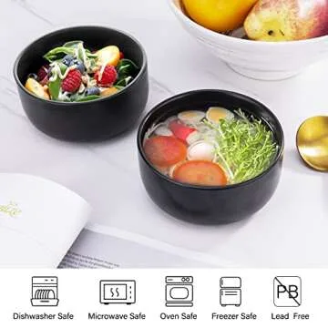 Aquiver 10 Ounces Ceramic Bowl Set - Porcelain Matte Small Bowls - Side Dishes for Desserts, Ice Cream, Snacks, Condiments, Souffle, Yogurt, Soup - Dipping Sauce Bowl Set of 4 (Black)