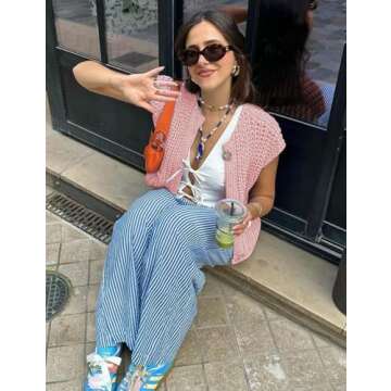 Wyeysyt Womens Sleeveless Crop Knit Cardigan Casual Button Down Cropped Knitted Sweater Vest with Pockets(Pink-S)