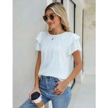 Blooming Jelly Women Dressy Casual Tops Business Work Blouses Summer Shirts Short Sleeve Crew Neck Outfits 2025(Medium, White)