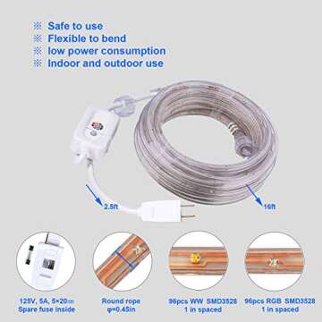 Areful 16ft LED Rope Lights, RGBWW Color Changing Strip Lights with Remote, Flexible and Connectable Durable Tube, Waterproof for Indoor Outdoor Use, 17 Colors and 6 Modes