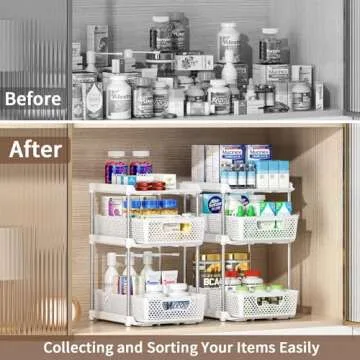 DABIGE 2Pcs 3 Tier Bathroom Organizers and Storage, UPGRADE WIDER BOLDER, Pull Out Under Sink Organizer with Dividers, Kitchen Pantry Organizers and Storage, Bathroom Storage Cabinet - White