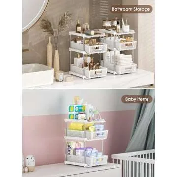 DABIGE 2Pcs 3 Tier Bathroom Organizers and Storage, UPGRADE WIDER BOLDER, Pull Out Under Sink Organizer with Dividers, Kitchen Pantry Organizers and Storage, Bathroom Storage Cabinet - White