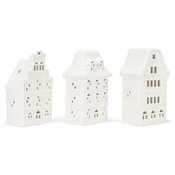 Mark Feldstein & Associates Village Row House White 8 x 4.5 Porcelain Holiday Tea Light Figurines Se...