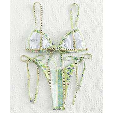 FEAPHY Women's Ethnic Print Floral Ribbed String Bikini Tie Side Triangle Swimwear (Ethnic-Green, M)