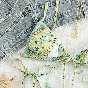 FEAPHY Women's Ethnic Print Floral Ribbed String Bikini Tie Side Triangle Swimwear (Ethnic-Green, M)